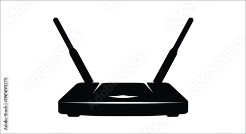 Black silhouette of a wireless router with two antennas displayed on white