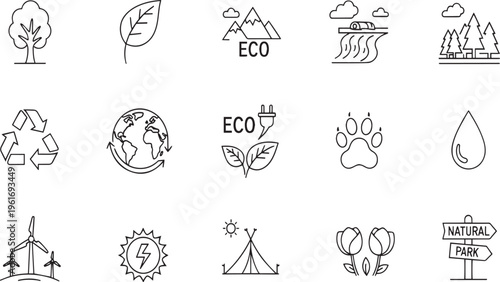Ecology and Nature Conservation Linear Icon Set for Sustainability