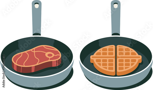Two cooking pans, one with a raw steak, the other with a cooked waffle, vector illustration