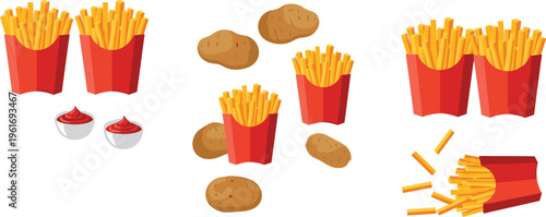 French fries set with ketchup and potatoes, fast food snack vector illustration in cartoon style for menu, restaurant, and street food design