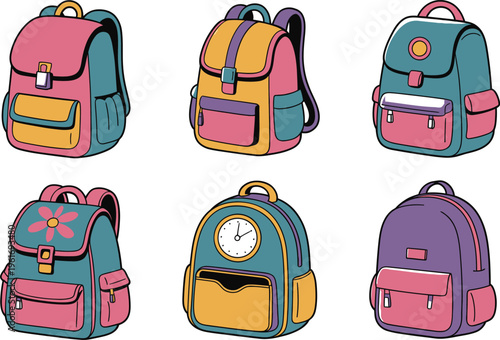 Group of colorful cartoon backpacks with pockets and zippers, vector illustration for kids