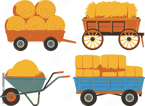 Collection of farm carts and wheelbarrows loaded with hay bales and loose hay with dried grass
