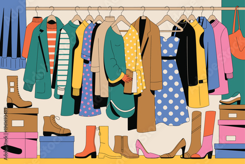 Vector illustration of a rack of colorful hanging clothes and stacked boxes with shoes