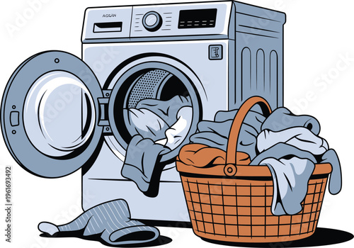 Open washing machine and laundry basket filled with clothes, vector illustration, tumble dryer