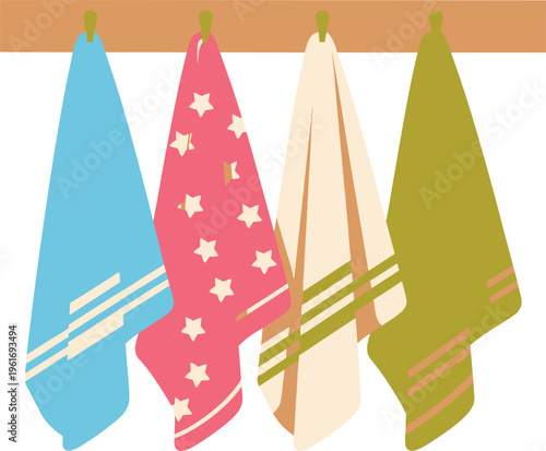 Four colorful patterned towels hanging on a wooden rack against a white background, vector illustration