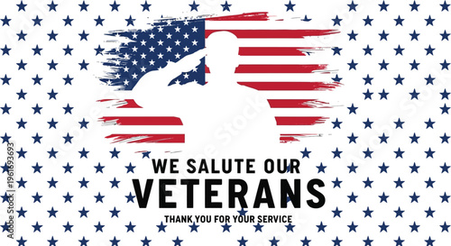 A patriotic graphic illustration featuring a soldier silhouette saluting against a distressed American flag background, honoring veterans and their service.