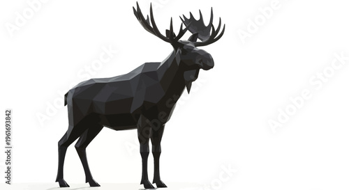 Geometric Black Moose Sculpture on White Background, Polygonal Art