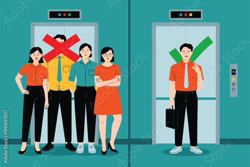 Social distancing in elevators: one person allowed with a green checkmark, group rejected with red cross, enforcing safety rules, public transport
