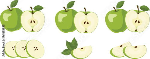 Green apple set with whole fruits and sliced pieces, fresh healthy food vector illustration isolated for nutrition, organic farming, and natural diet design