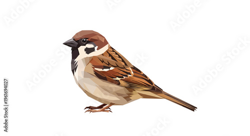 Brown Sparrow Bird, Polygonal Art Style, Isolated on White Background