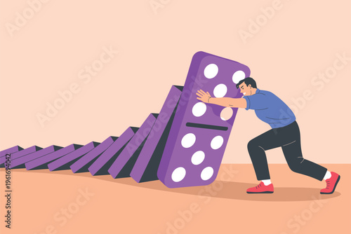 Man pushing large domino, stopping chain reaction, control and risk management concept
