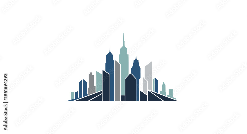 Fototapeta premium Modern Cityscape Silhouette, Geometric Skyline Buildings, Urban Design Vector