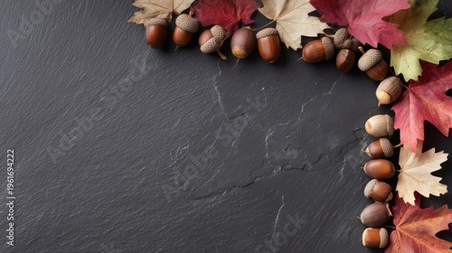 acorns. Autumn arrangement of maple leaves and acorns in a corner pattern on a dark textured surface, warm seasonal still life. representing seasonal cycles and harvest abundance.
