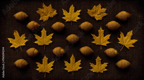 acorns. Autumn arrangement of maple leaves and acorns in a corner pattern on a dark textured surface, warm seasonal still life. representing seasonal cycles and harvest abundance.
