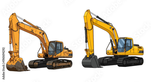 Heavy construction excavators working on building site, vector illustration on white background.