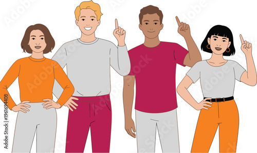 Four diverse people pointing upwards, indicating ideas or solutions, with hands raised in a gesture of discovery, pointing up