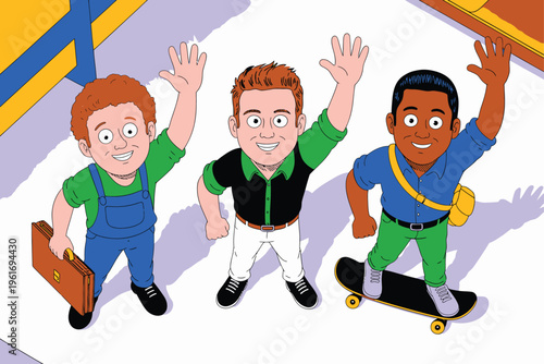 Three cartoon boys waving hello, one on a skateboard, carrying a briefcase, suggesting childhood fun and activity, boys playing
