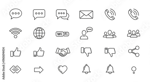 outline communication icons pack, simple stroke design, social interaction symbols, white background