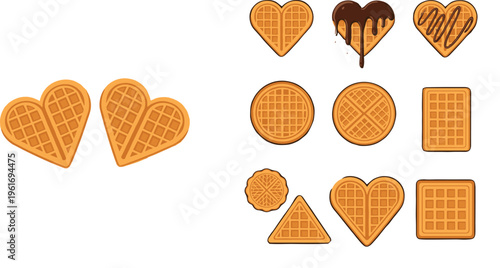 Heart shaped and classic waffles collection with chocolate topping and various styles, sweet dessert vector illustration for bakery, cafe, and breakfast design