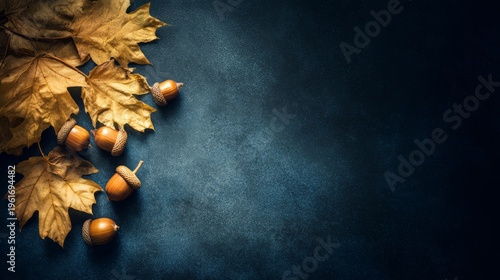 acorns. Autumn arrangement of maple leaves and acorns in a corner pattern on a dark textured surface, warm seasonal still life. representing seasonal cycles and harvest abundance.
