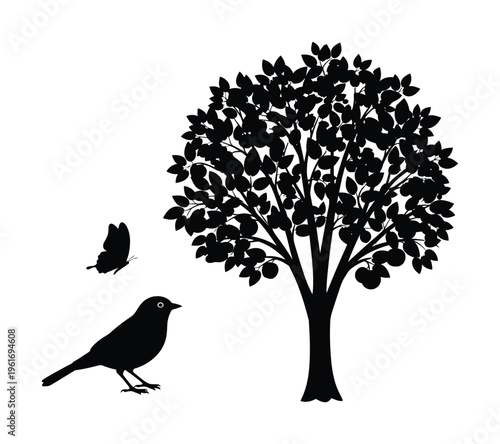 Vector silhouette of a tree with a bird and butterfly flying nearby in a serene nature scene