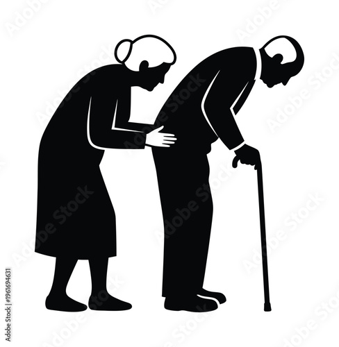 Vector of an elderly couple with the man holding a cane and the woman standing supportively beside him.