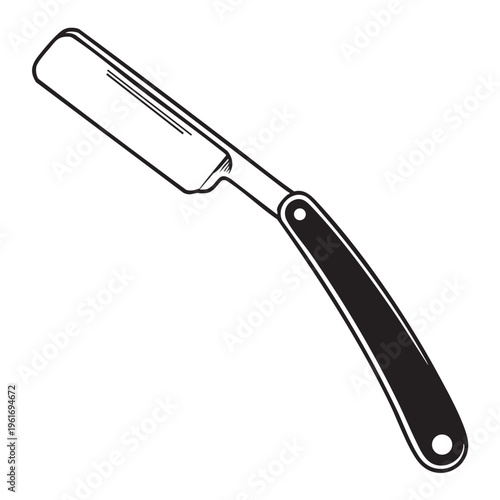 A detailed illustration of a straight razor with a black handle and silver blade, showcasing its sharp edge and ergonomic grip, used for shaving.