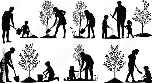 Tree planting silhouette illustration, adults and children working together with shovels, watering cans, and buckets, environmental care community teamwork theme