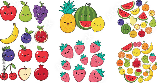 Kawaii fruit mega collection with smiling characters including apples, bananas, berries, citrus, and tropical fruits, colorful cartoon vector set for kids and healthy food design