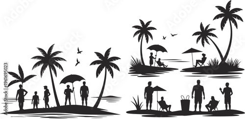 Beach leisure silhouette illustration, tropical vacation scene with families, palm trees, umbrellas, chairs, birds, and coastal relaxation, summer holiday theme, vector art, black isolated bold design