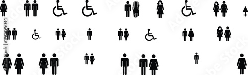 Restroom accessibility silhouette illustration, diverse gender, couple, and wheelchair icons arranged in grid, inclusive signage theme, vector art, black isolated bold design