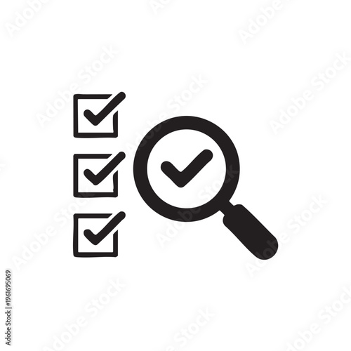 A magnifying glass examines checkmarked boxes in a detailed inspection process.