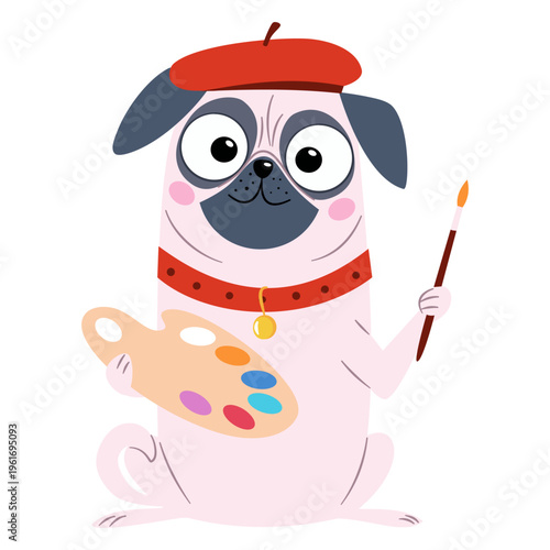 A cute pug wearing a beret is sitting there holding a paint palette and a brush an artist dog. A flat vector illustration in a simple, child-friendly style . Vector illustration