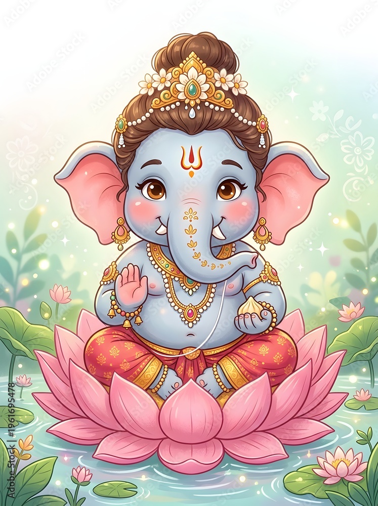 Fototapeta premium Cute cartoon of Lord Ganesha sitting on a lotus flower