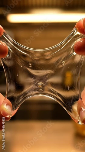 Stretching clear slime with hands in kitchen setting