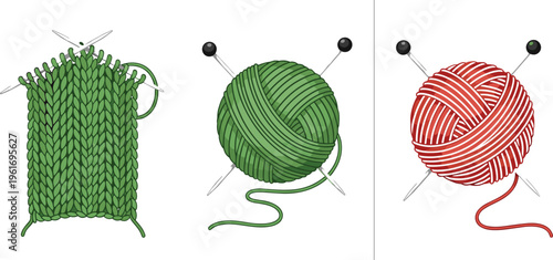 Knitting yarn balls with needles and knitted fabric swatch, handmade craft vector illustration showing wool texture for hobby, textile, and cozy winter design