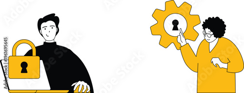 Two people discussing secure technology and data protection with visual symbols of locks and gears