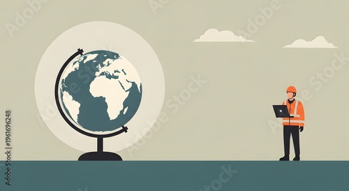 Engineer with laptop next to globe, global business and technology concept
