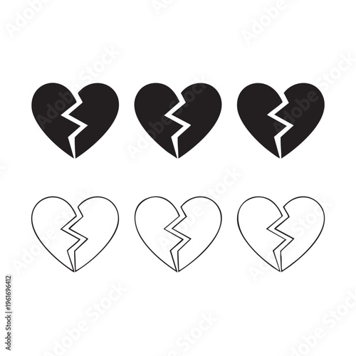 Three broken hearts are illustrated in black and white line art on a plain background with multiple representations of cracked love symbol.