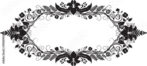 Ornate black floral border, elegant frame, decorative illustration, vector design element