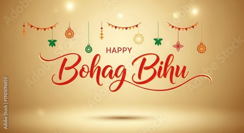 A vibrant happy bohag bihu greeting with decorative elements and a golden backdrop