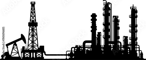 Oil rig and refinery complex against silhouette vector illustration