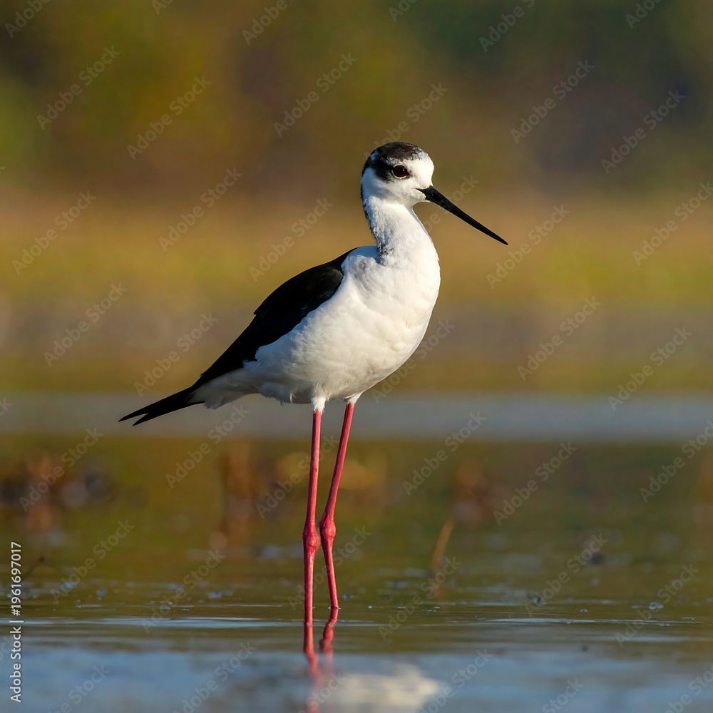 Fototapeta premium A bird with a white body, black wings, and long pink legs
