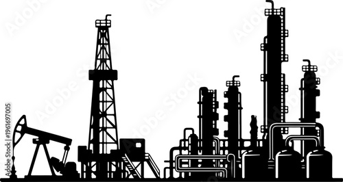 Oil rig and refinery complex against silhouette vector illustration