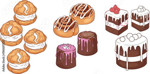 Sweet dessert collection with cream puffs, glazed pastries, and layered cakes, detailed bakery vector illustration for cafe menu, confectionery, and pastry shop design