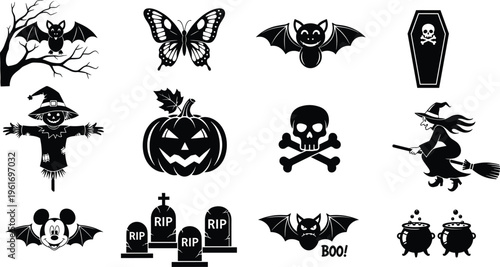 Halloween icon set with bats, witch, pumpkin, skull, coffin and graveyard silhouettes isolated on white background, spooky vector illustration collection
