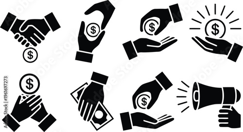 A comprehensive set of black and white icons illustrating financial interactions and currency exchange