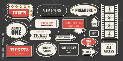 Retro cinema ticket sticker set with admit one tickets, VIP pass, box office signs and film strip elements in vintage 1950s mid century style. Classic vector illustration for movie entertainment
