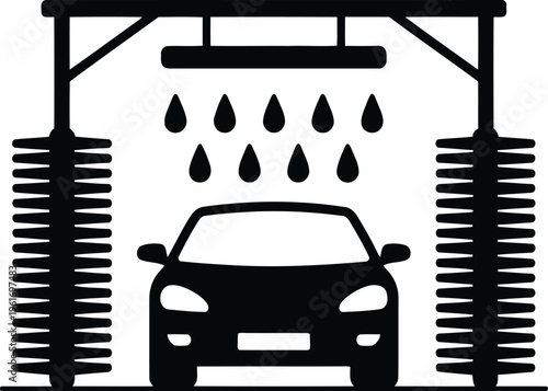A detailed black icon showing an automobile receiving a thorough cleaning at a modern car wash station