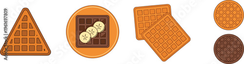 Waffle variations set with square, round, and triangular waffles including chocolate and banana topping, sweet breakfast vector illustration for cafe and dessert menu design